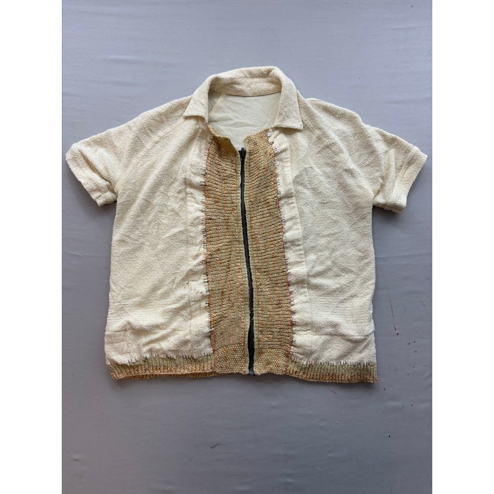 Vintage Terry Cloth Short Sleeve Full Zip Shirt Cream Knit Trim Retro Boho